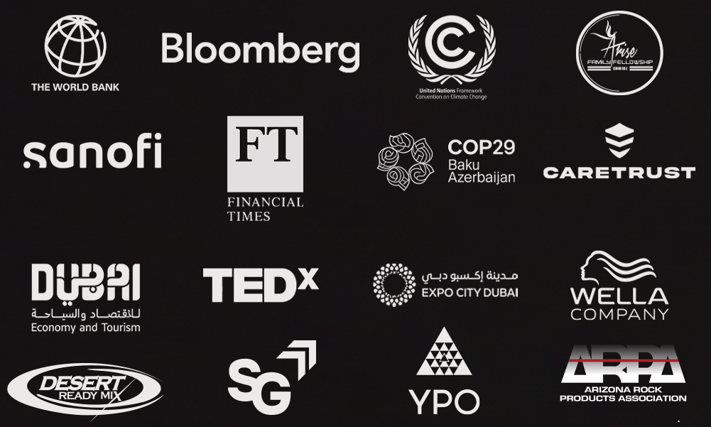 The World Bank, Bloomberg, UN Climate Change, sanofi, Financial Times, COP29, CareTrust, Dubai Economy and Tourism, TEDx, Expo City Dubai, Wella Company, Desert Ready Mix, SG, YPO, Arizona Rock Products Association